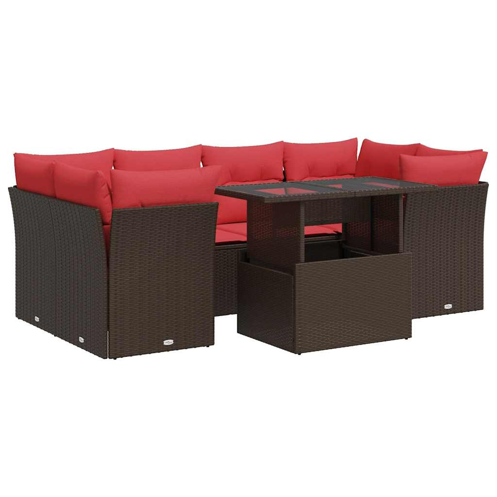 7 részes barna polyrattan akácfa kerti ülőgarnitúra párnákkal