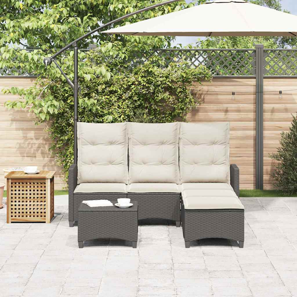3 részes fekete polyrattan kerti ülőgarnitúra párnával L-alakú