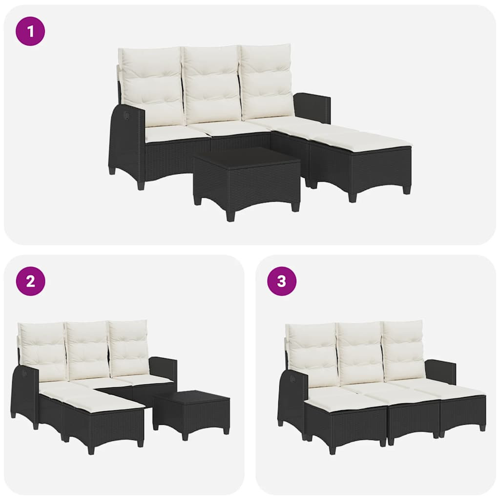 3 részes fekete polyrattan kerti ülőgarnitúra párnával L-alakú