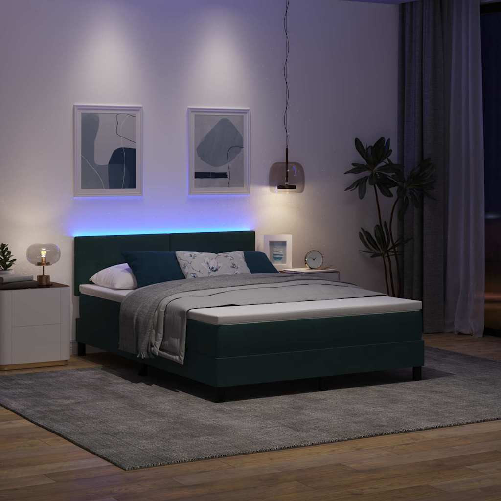 vidaXL LED Box Spring Ágy matracmal Sötétzöld 160 x 200 cm Bársony