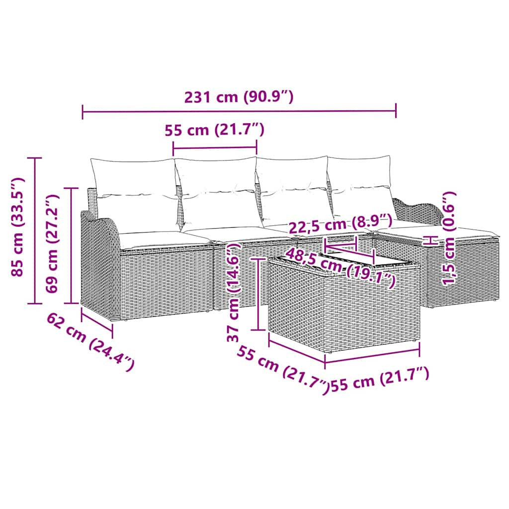 Kerti Kanapé Szett 6 pcs Szürke polirattan