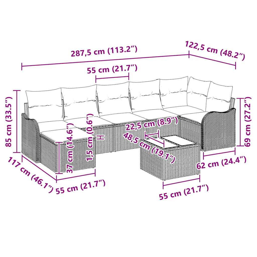 Kerti Kanapé Szett 8 pcs Szürke polirattan