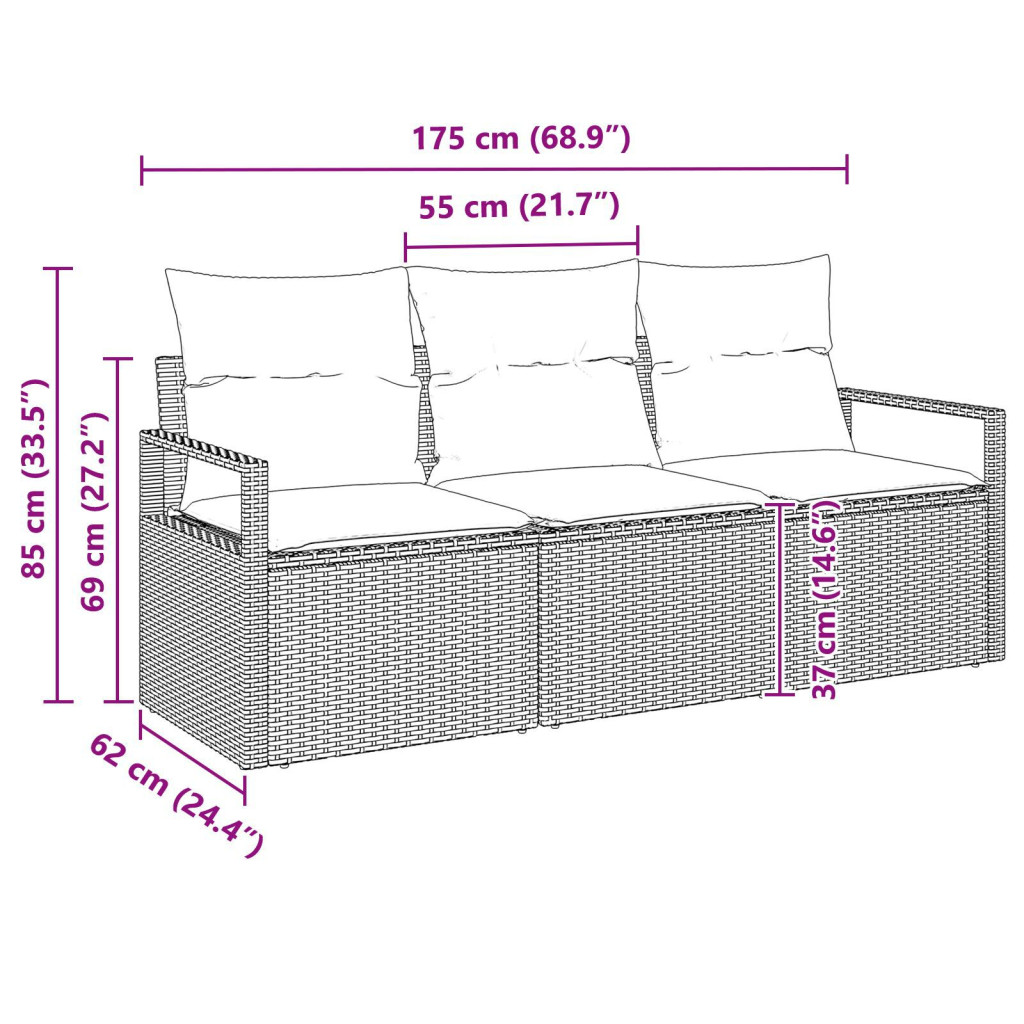 3 darabos kerti kanapé szett párnákkal Barna Poli Rattan, 2 személyes kerti kanapé párnákkal Barna Poli Rattan