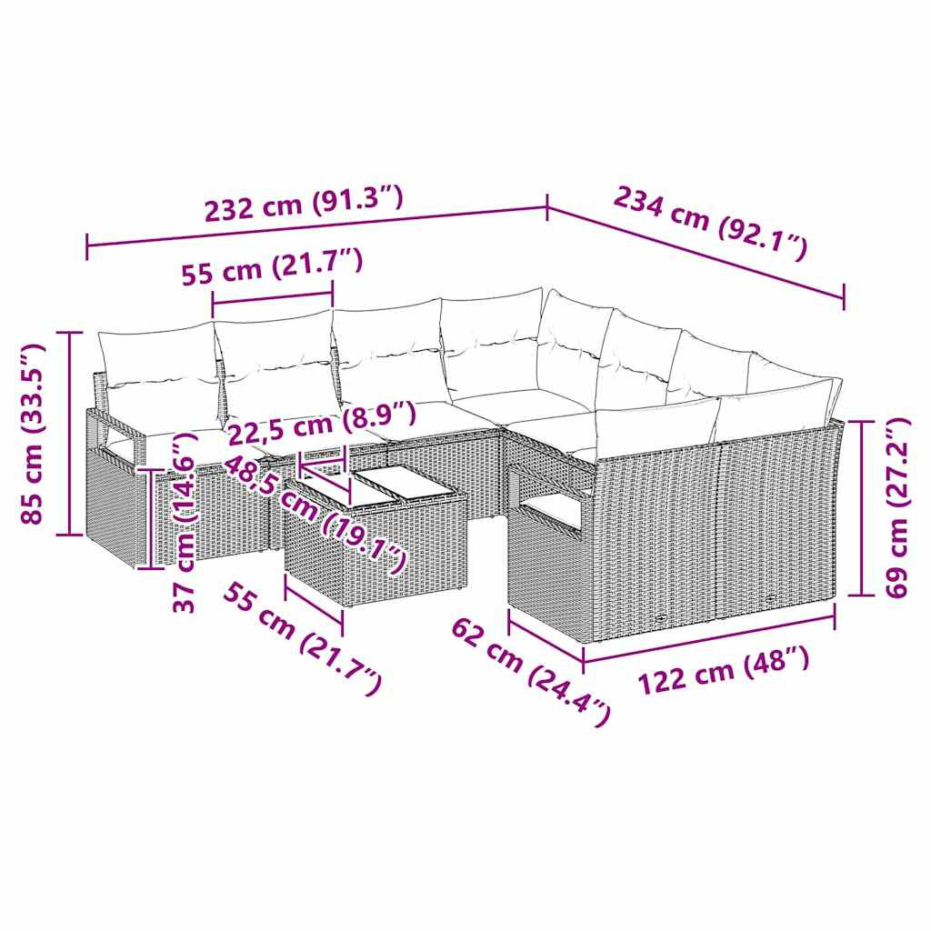 Kanapé Szett párnával 9 pcs Fekete polirattan
