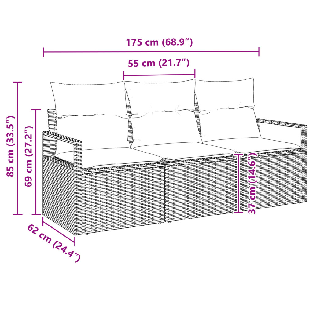3 Darabos Kerti Kanapé Szett Párnákkal Szürke Polyrattan