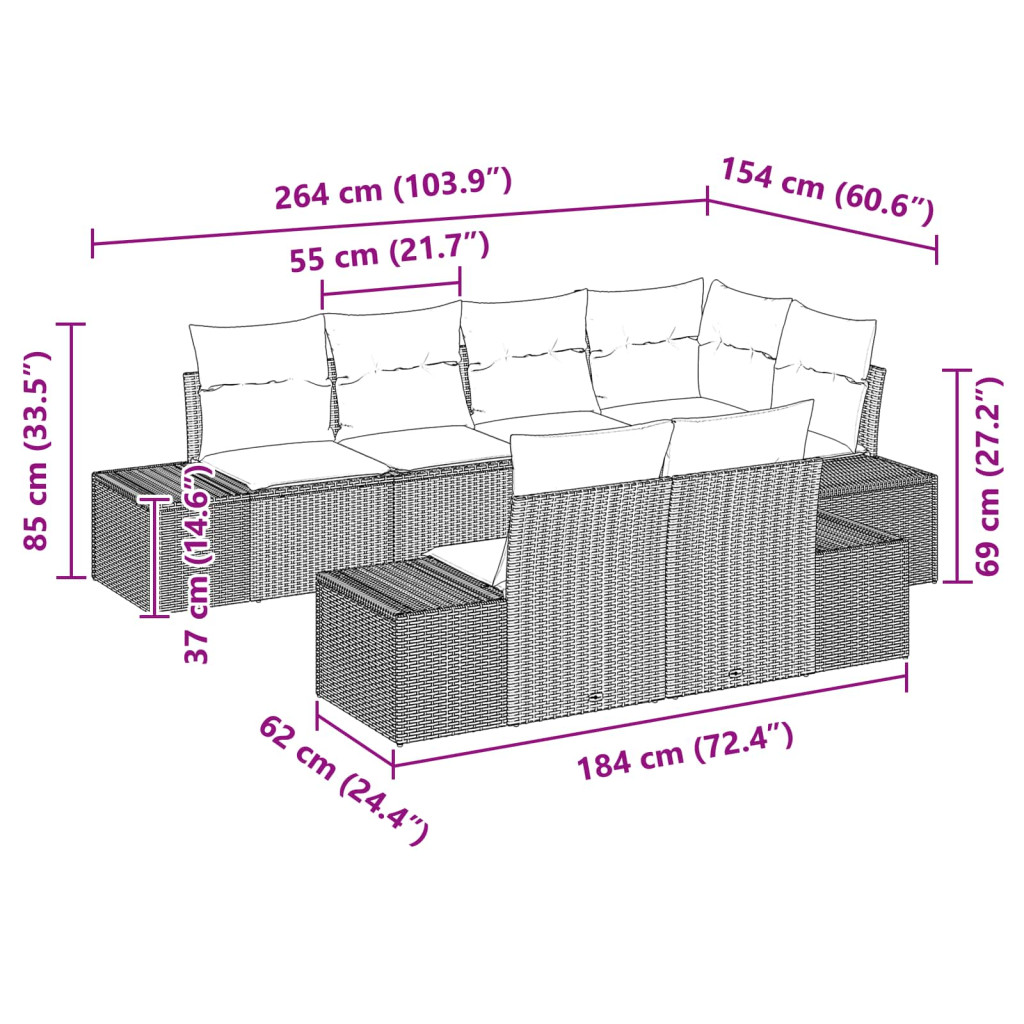 Kerti Kanapé Szett párnával tárolóval 7 pcs Fekete Polyrattan