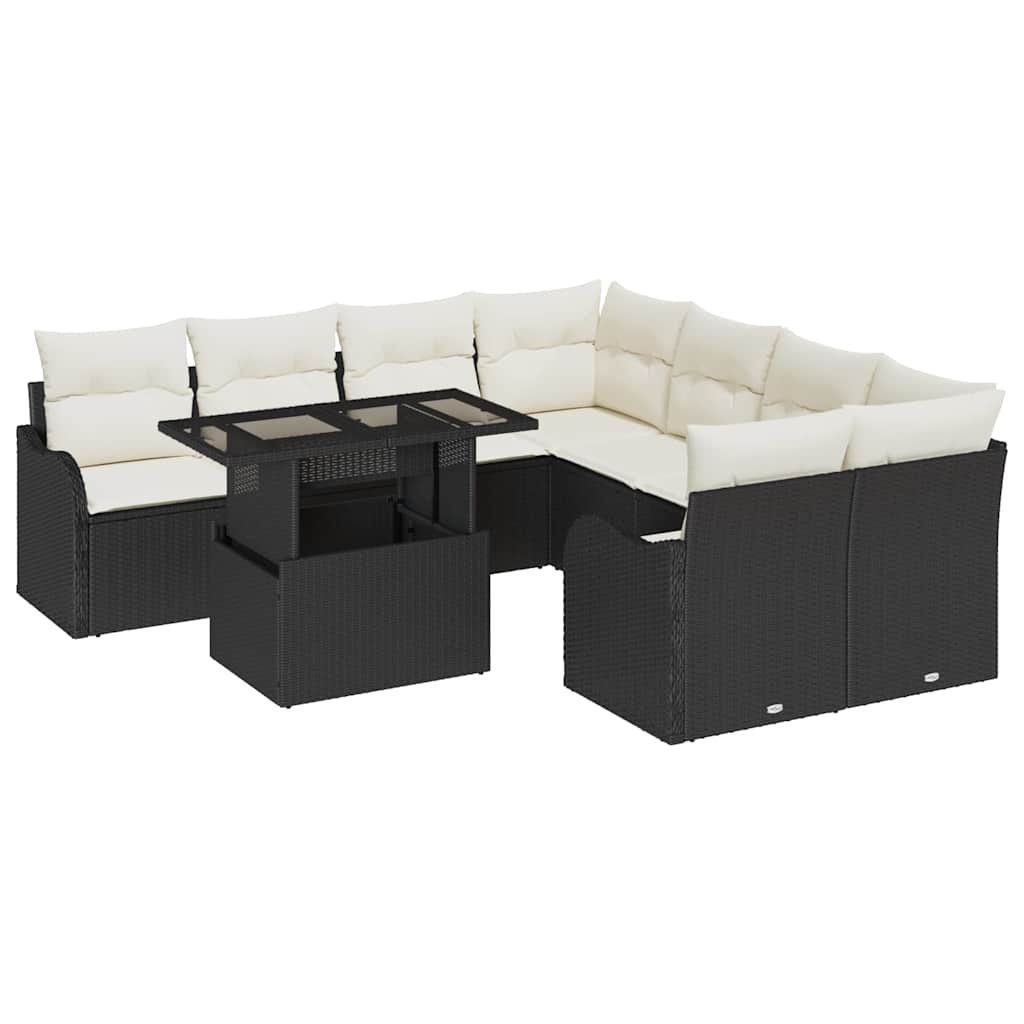 Kerti Kanapé Szett párnával párnával 9 pcs Fekete Poly Rattan
