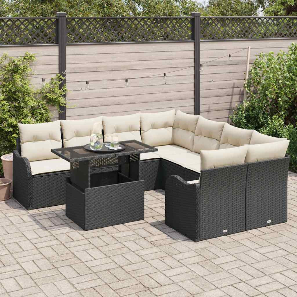 Kerti Kanapé Szett párnával párnával 9 pcs Fekete Poly Rattan