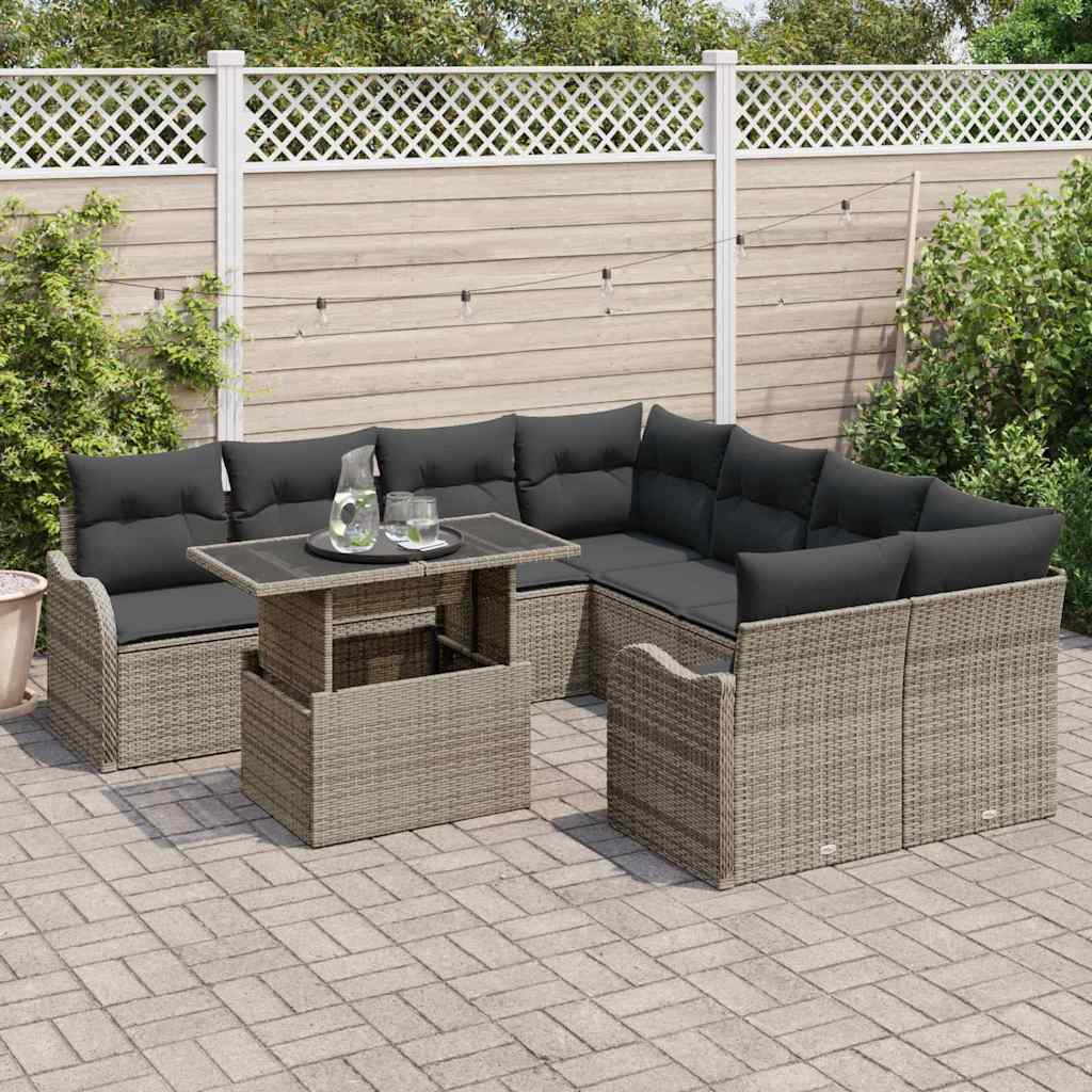 Kerti Kanapé Szett párnával párnával 9 pcs Szürke Poly Rattan