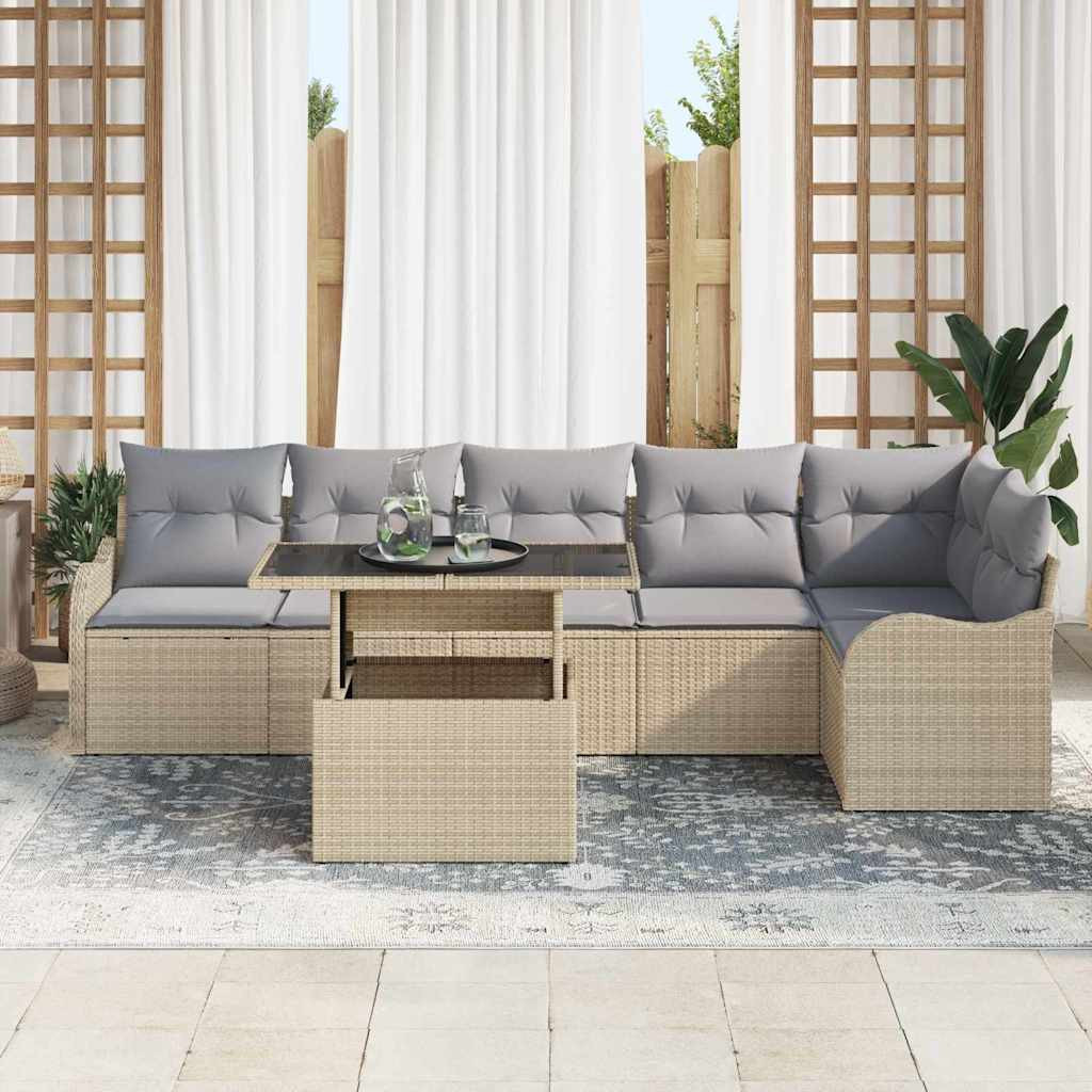 Kerti Kanapé Szett párnával párnával 7 pcs Bézs Poly Rattan