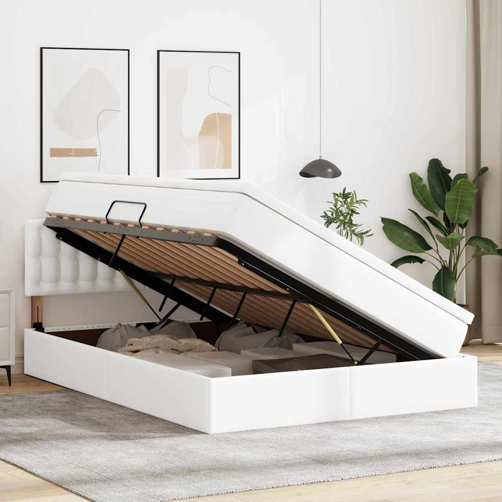 Ágy tárolóval és LED lámpával Tiszta Fehér 140 x 190 cm Műbőr