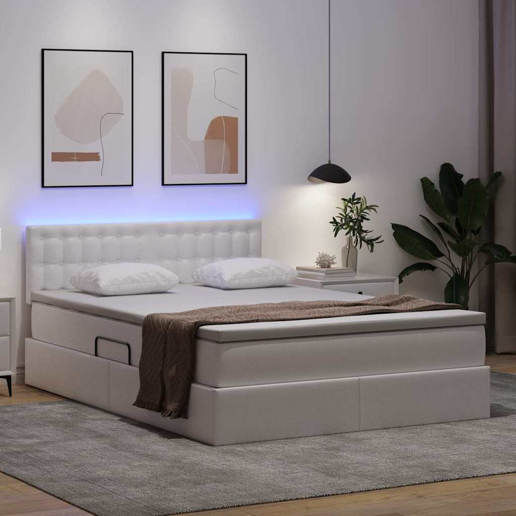 Ágy tárolóval és LED lámpával Tiszta Fehér 140 x 190 cm Műbőr