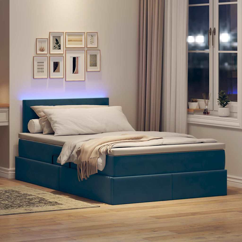 Ágy tárolóval és LED lámpával Sötét kék 120 x 200 cm Bársony