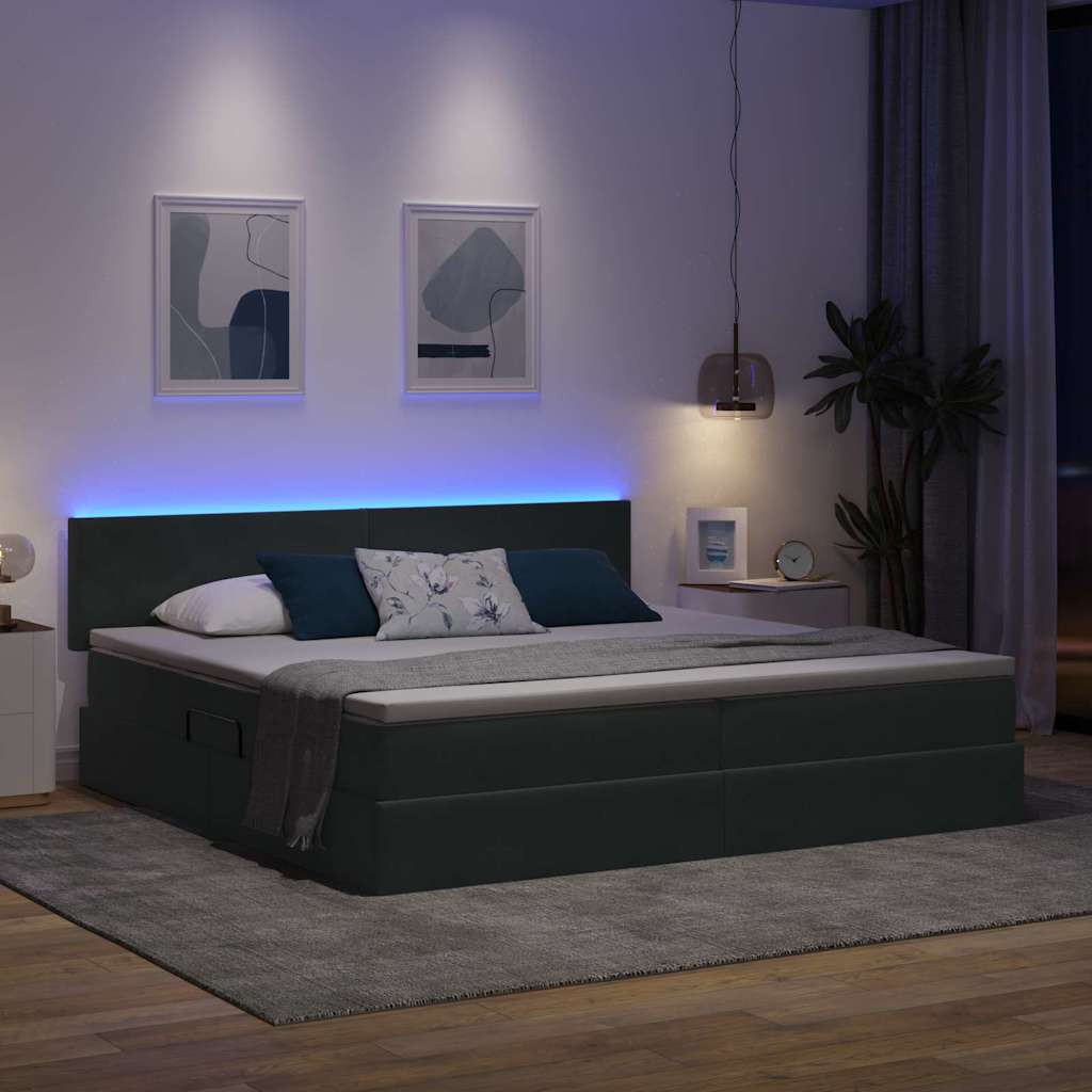 Ágy tárolóval és LED lámpával Sötétszürke 200 x 200 cm Bársony