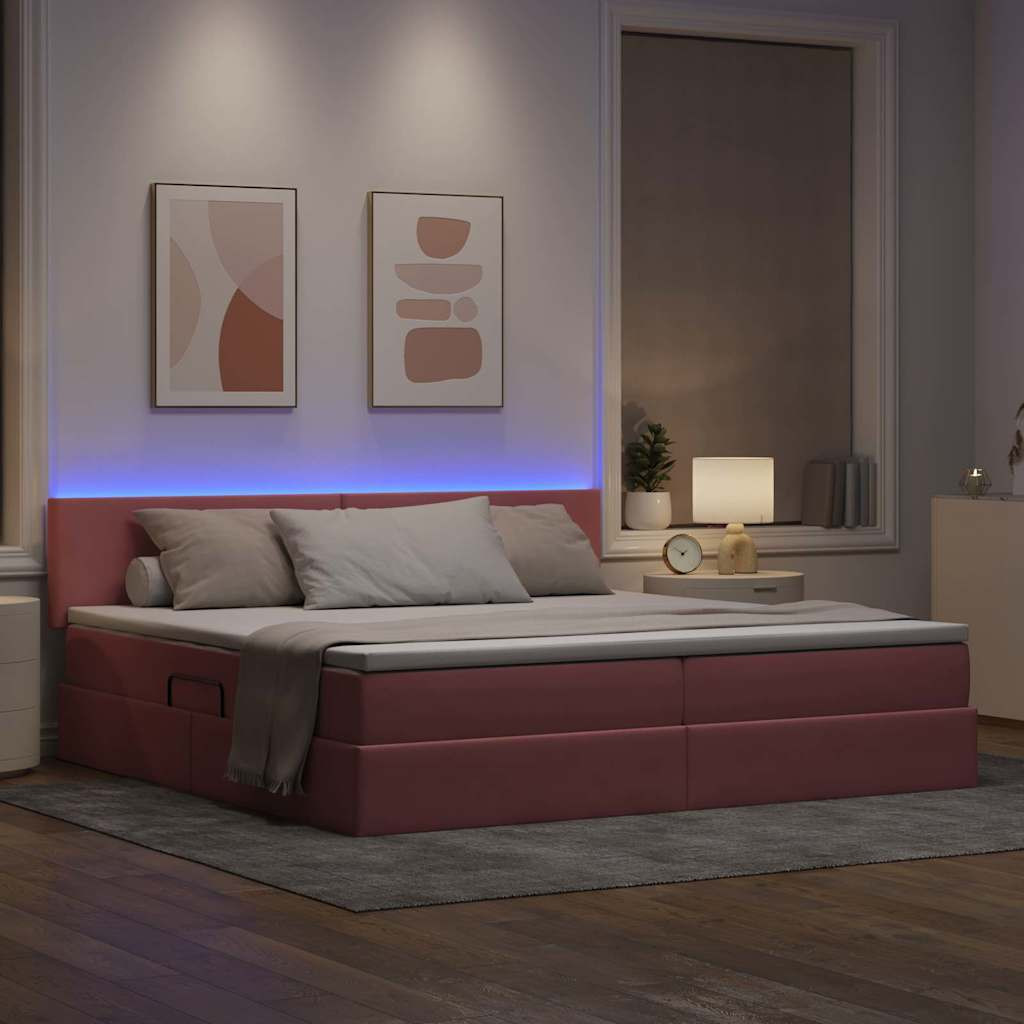 Ágy tárolóval és LED lámpával Rózsaszín 200 x 200 cm Bársony
