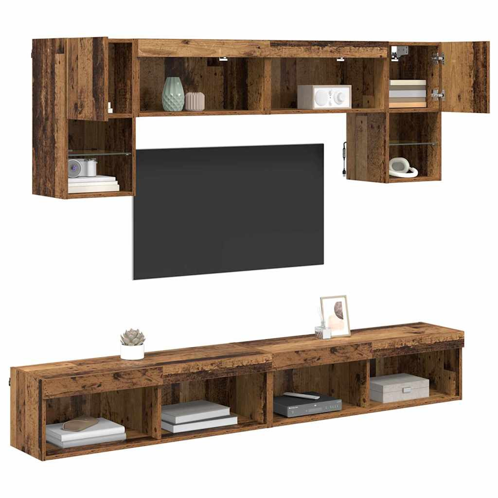 TV Fali Egységek LED-del 6 pcs Öreg fa Faanyag TV Fali Egységek LED-del 6 pcs Öreg fa Faanyag