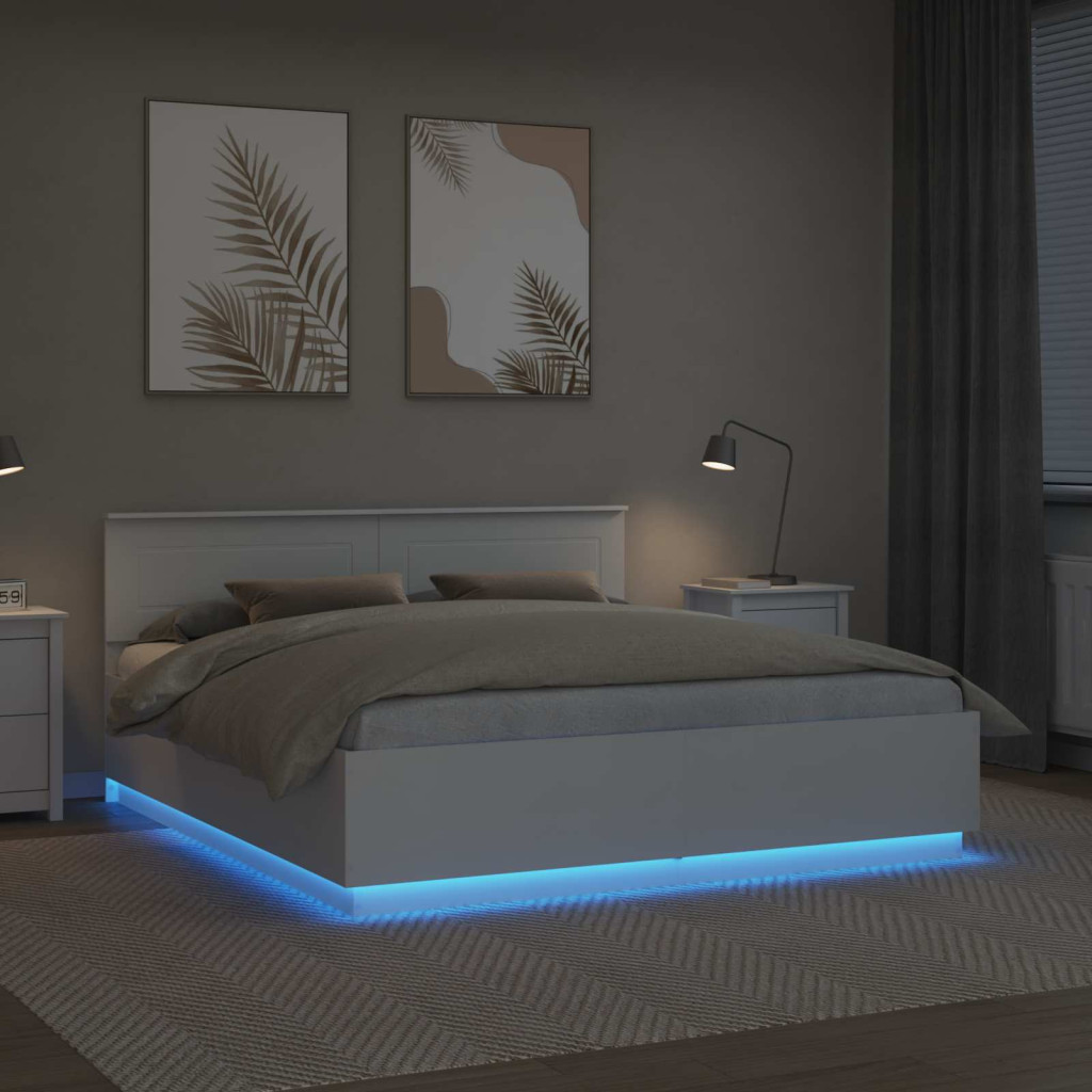 Ágykeret LED -es lámpákkal Fehér 200 x 200 cm Faanyag
