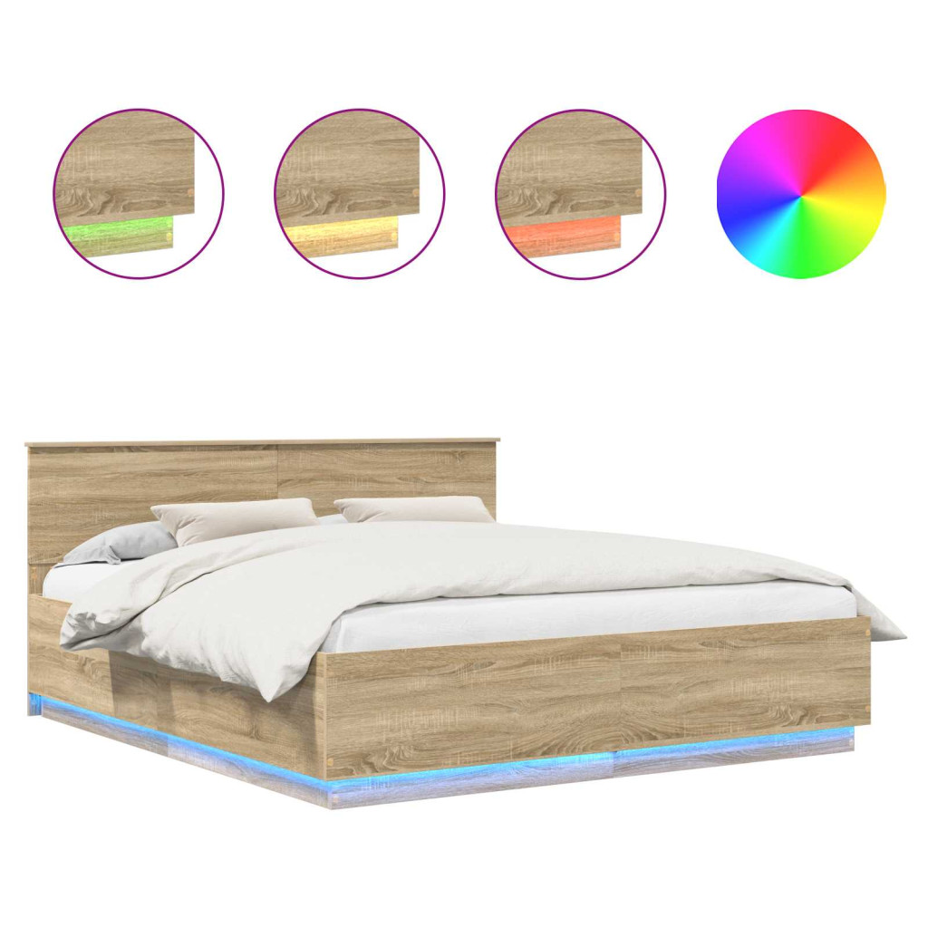 Ágykeret LED -es lámpákkal Sonoma tölgy 200 x 200 cm Faanyag