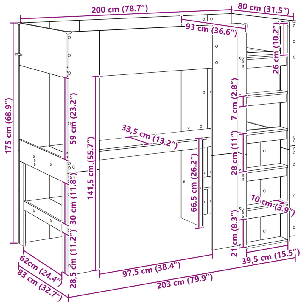 vidaXL Emeletes ágykeret íróasztallal Sonoma tölgy 80 x 200 cm Faanyag