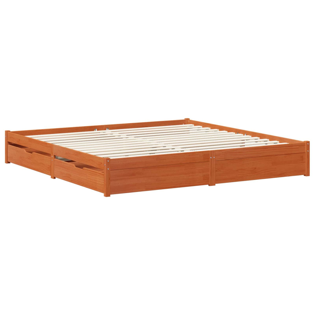 vidaXL Ágykeret fiókkal Faggyú barna 200 x 200 cm Tömör fenyőfa