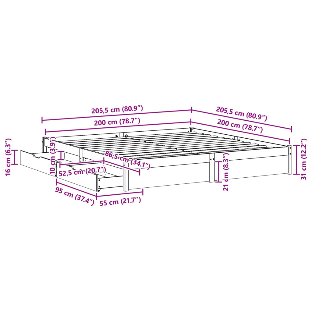 vidaXL Ágykeret fiókkal Faggyú barna 200 x 200 cm Tömör fenyőfa