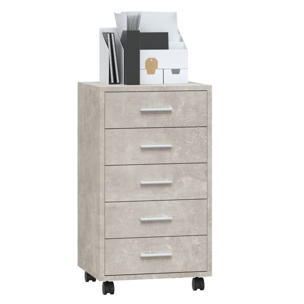betonszürke szerelt fa fiókos szekrény görgőkkel