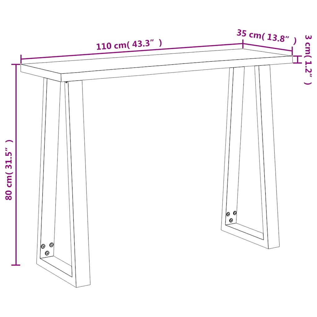 tömör akácfa konzolasztal természetes éllel 110x35x80 cm