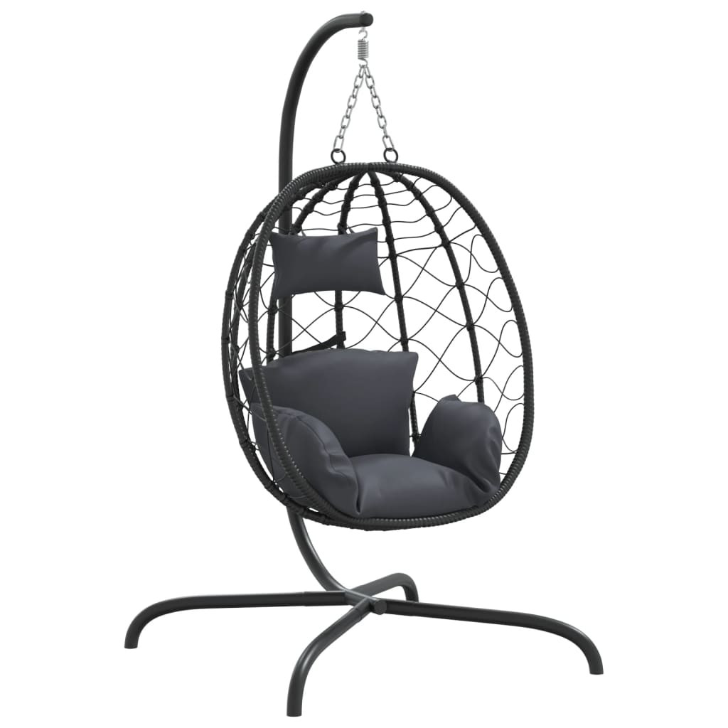 antracitszürke polyrattan és acél függő kagylószék párnával