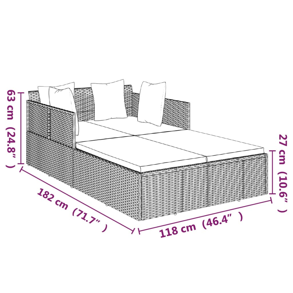 szürke polyrattan napozóágy párnával 182 x 118 x 63 cm