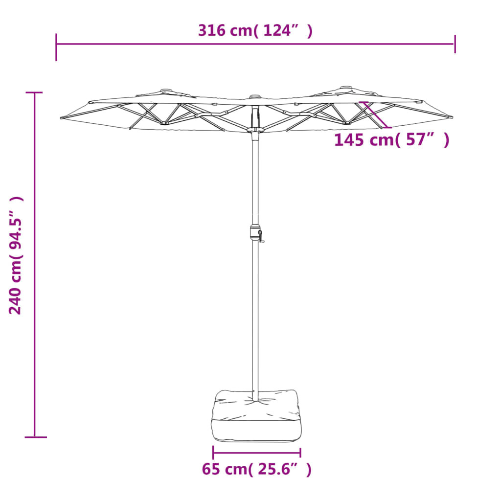 tópszínű dupla tetős napernyő LED-ekkel 316x145 cm