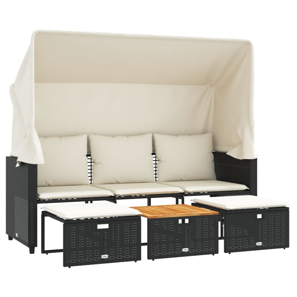 3 személyes fekete polyrattan kerti kanapé baldachinnal/székkel