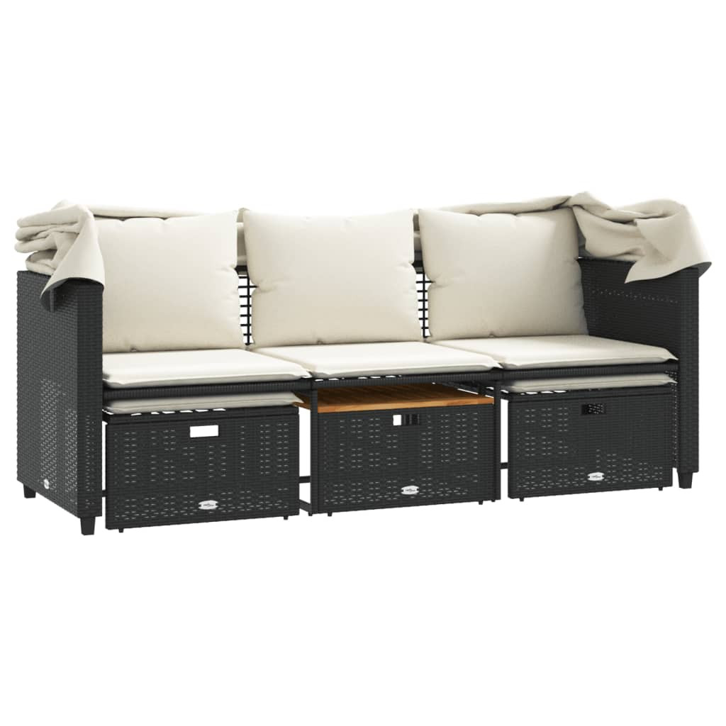 3 személyes fekete polyrattan kerti kanapé baldachinnal/székkel