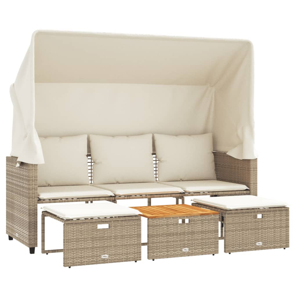 3 személyes bézs polyrattan kerti kanapé baldachinnal/székkel