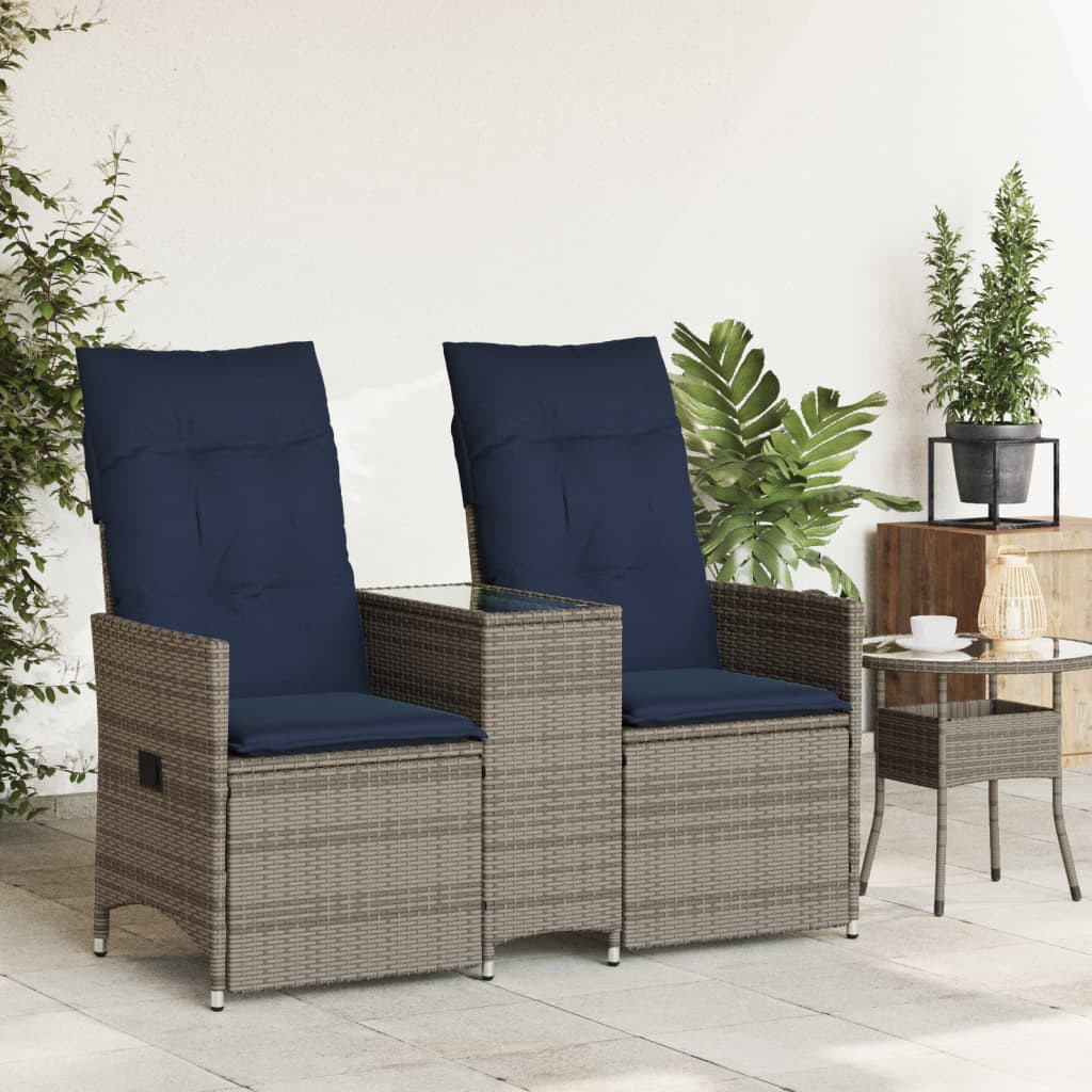 kétszemélyes dönthető kerti kanapé asztallal, szürke polyrattan