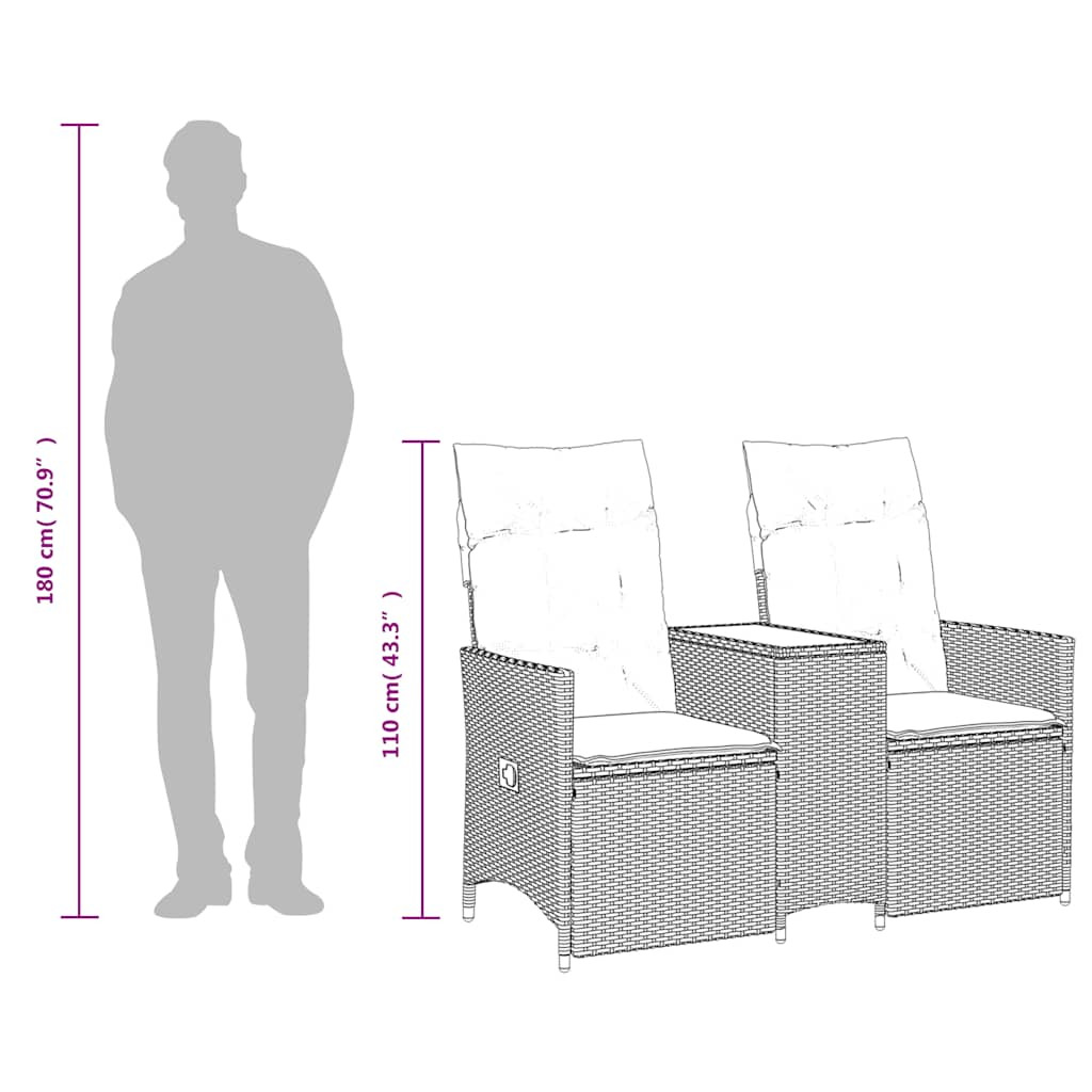 kétszemélyes dönthető kerti kanapé asztallal, szürke polyrattan