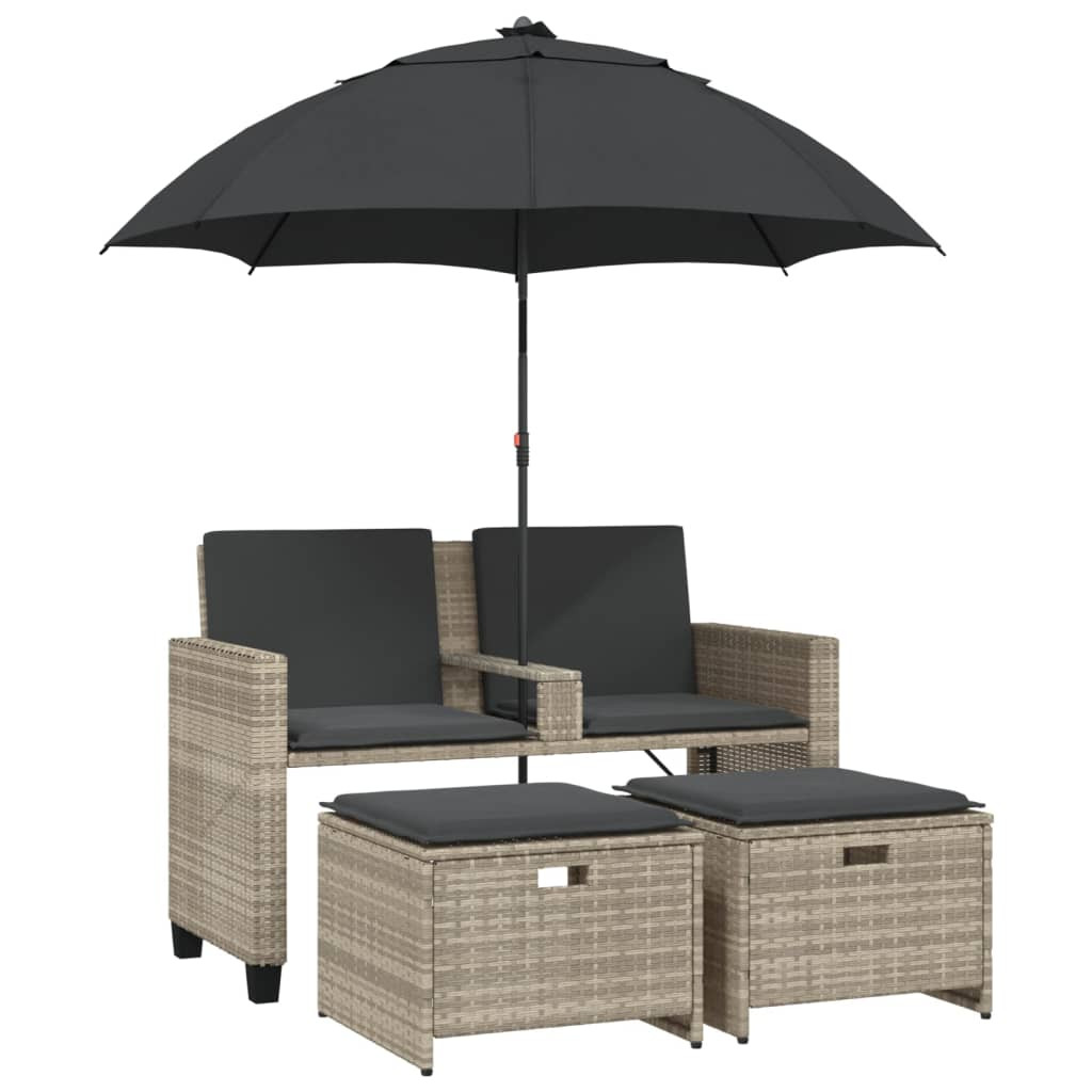 2 személyes polyrattan kerti kanapé napernyővel/székkel