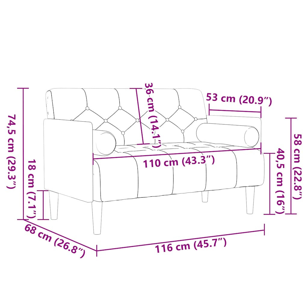 világosszürke bársony loveseat kanapé párnákkal 110 cm