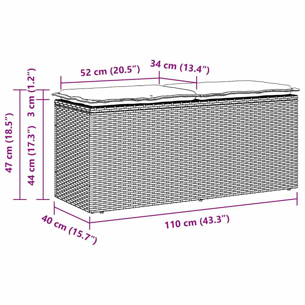 szürke polyrattan kerti pad párnával 116 x 46 x 57 cm