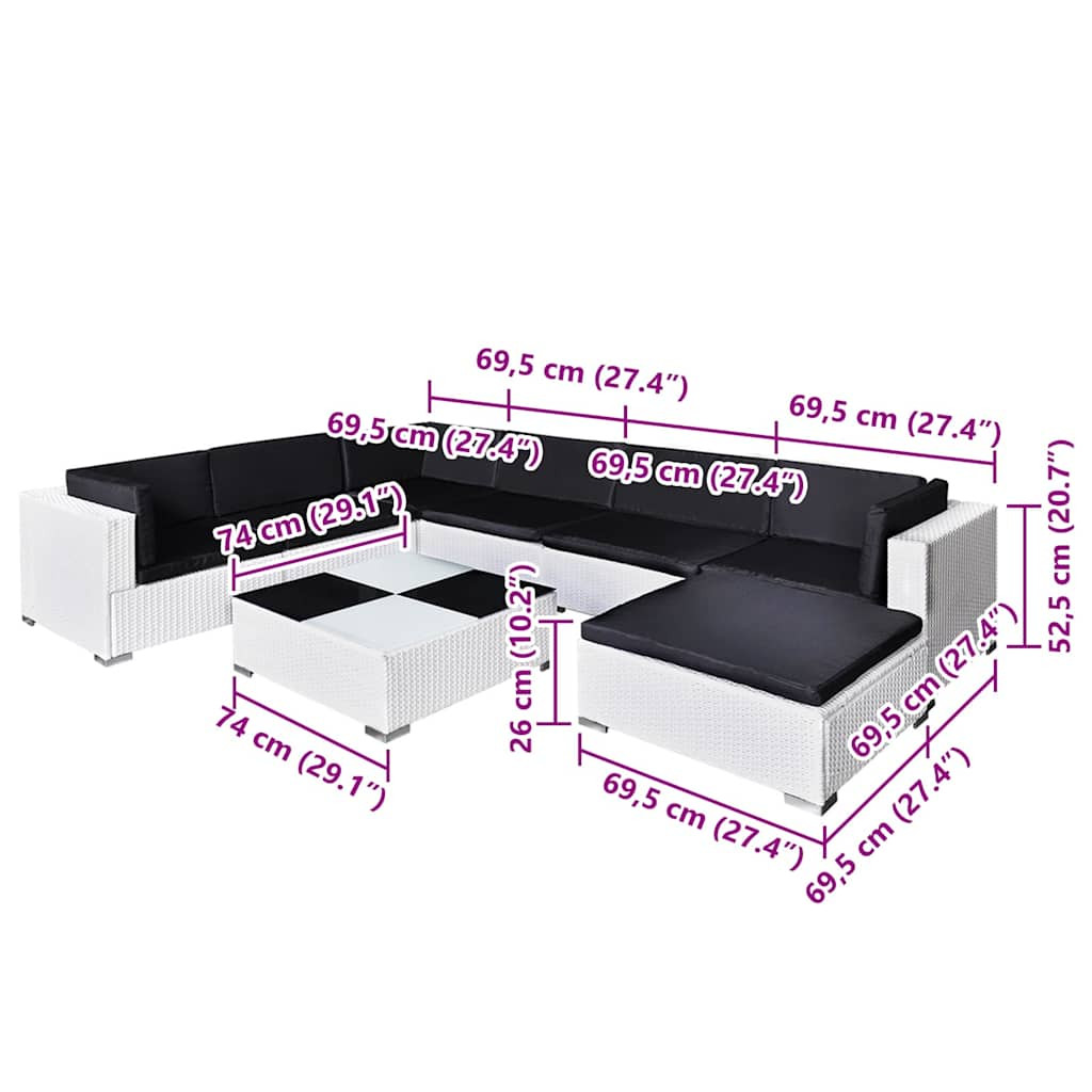 8-részes fehér polyrattan kerti bútorszett párnákkal