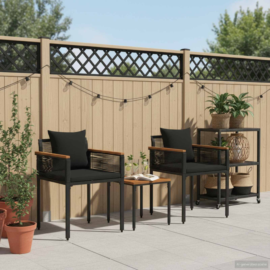 vidaXL Kültéri Bútor Szett párnával 3 pcs Fekete PE Rattan