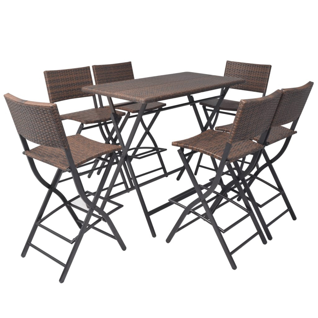 7-részes barna kerti polyrattan/acél összecsukható étkezőszett