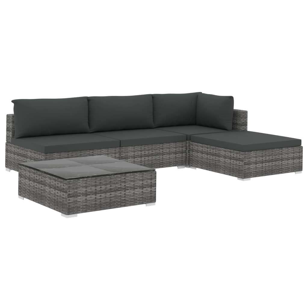 5-részes szürke polyrattan kerti bútorszett párnákkal