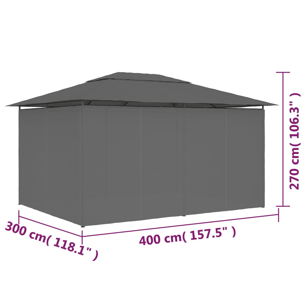 antracitszürke kerti pavilon függönyökkel 4 x 3 m