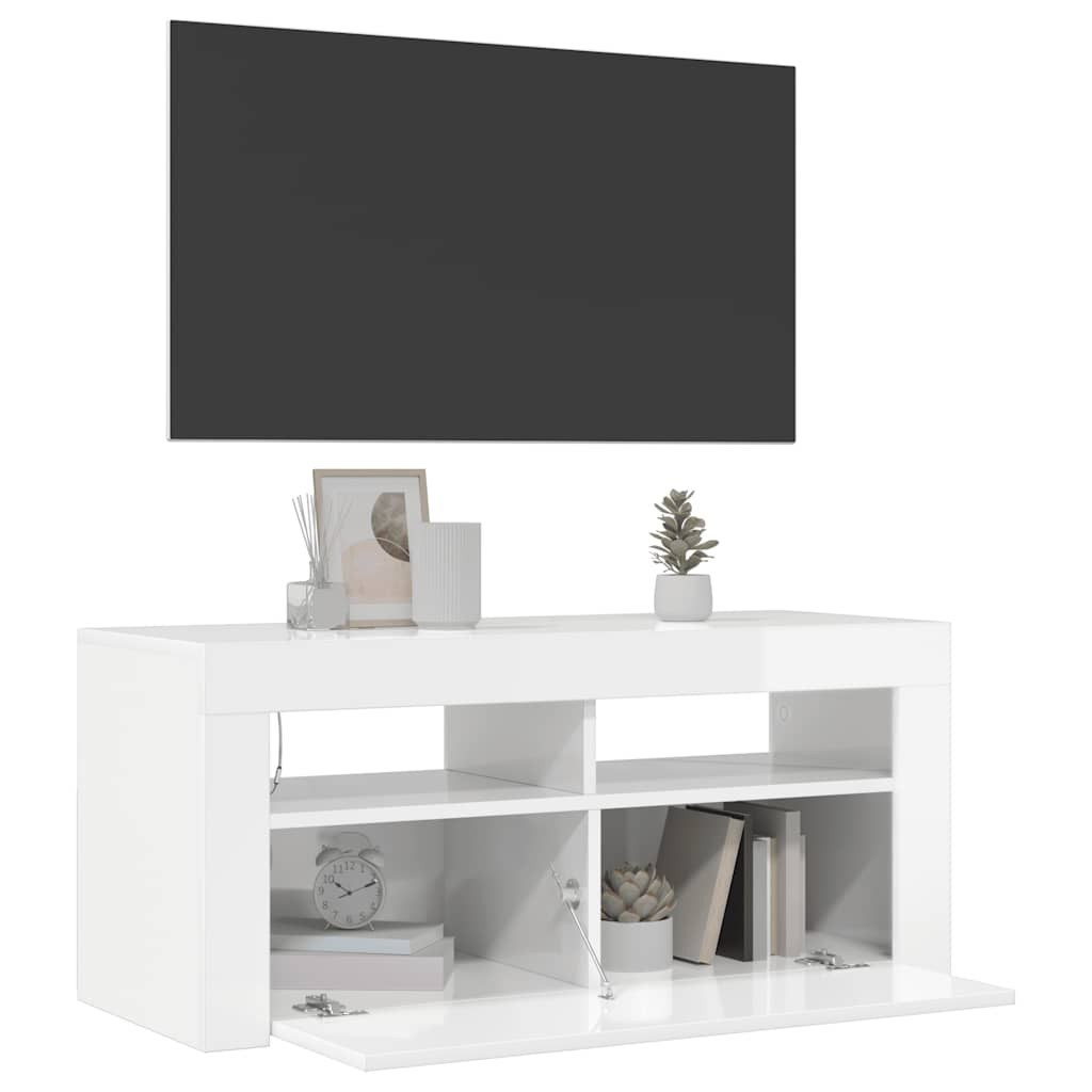 magasfényű fehér TV-szekrény LED lámpákkal 90x35x40 cm