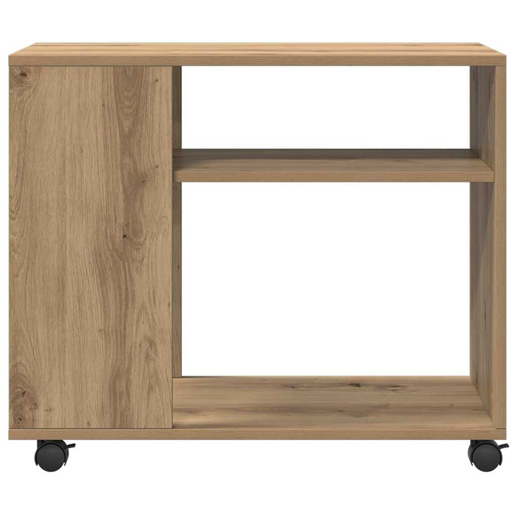 kézműves tölgy színű szerelt fa görgős kisasztal 70x35x60 cm