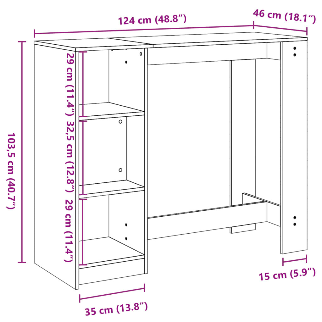 fekete szerelt fa bárasztal polccal 124 x 46 x 103,5 cm