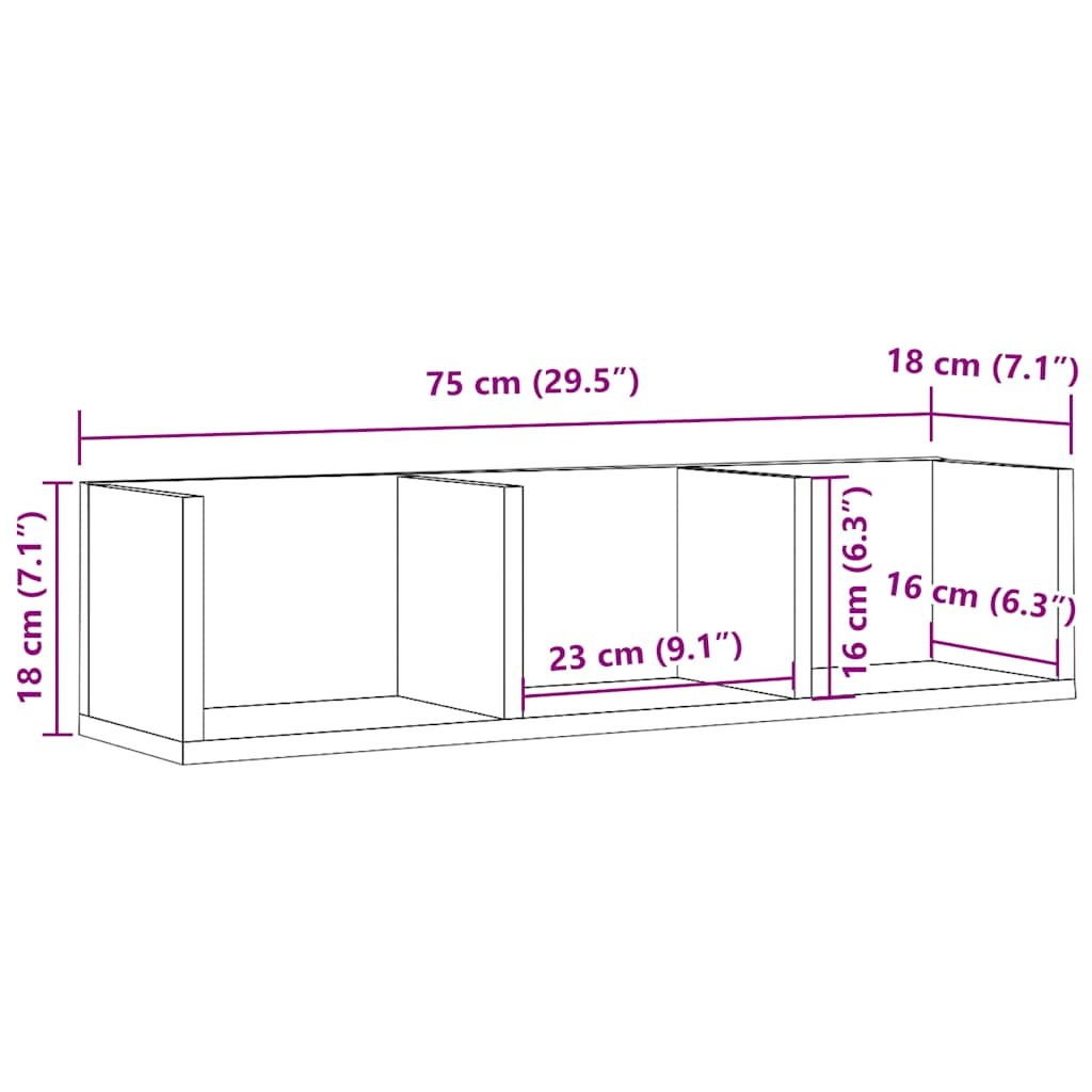 antik fa színű szerelt fa CD-tartó fali polc 75 x 18 x 18 cm