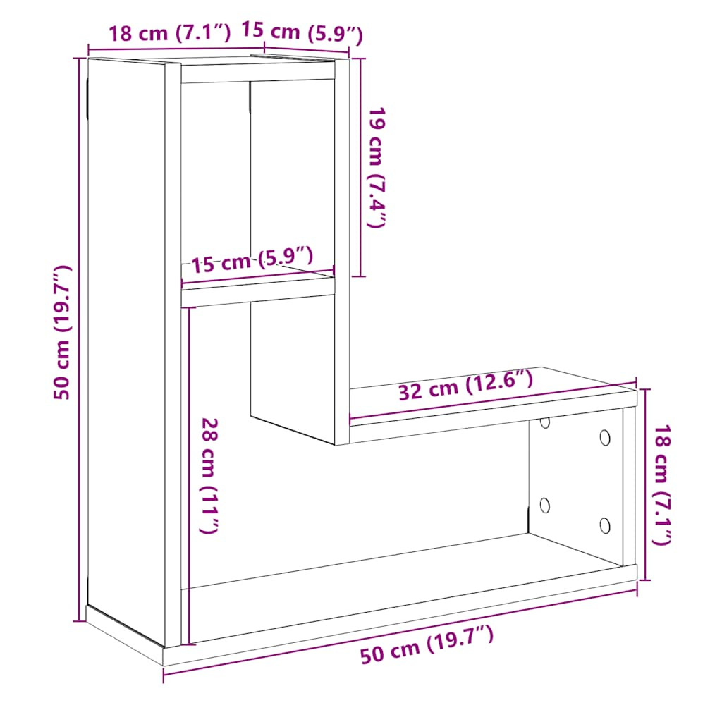 2 db antik fa színű szerelt fa fali kockapolc 50x15x50 cm