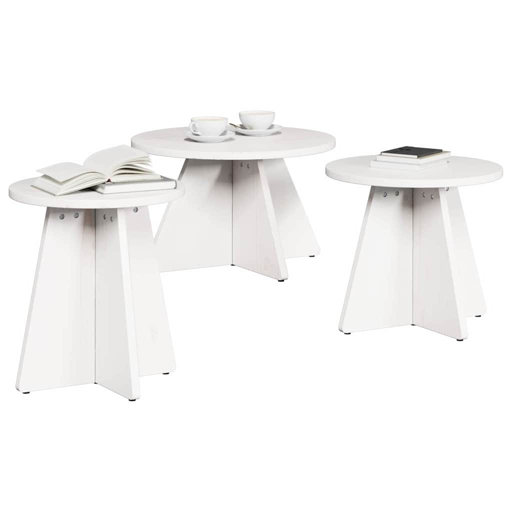 Dohányzóasztal 3 pcs Fehér 49 x 49 x 30 cm Tömör fenyőfa
