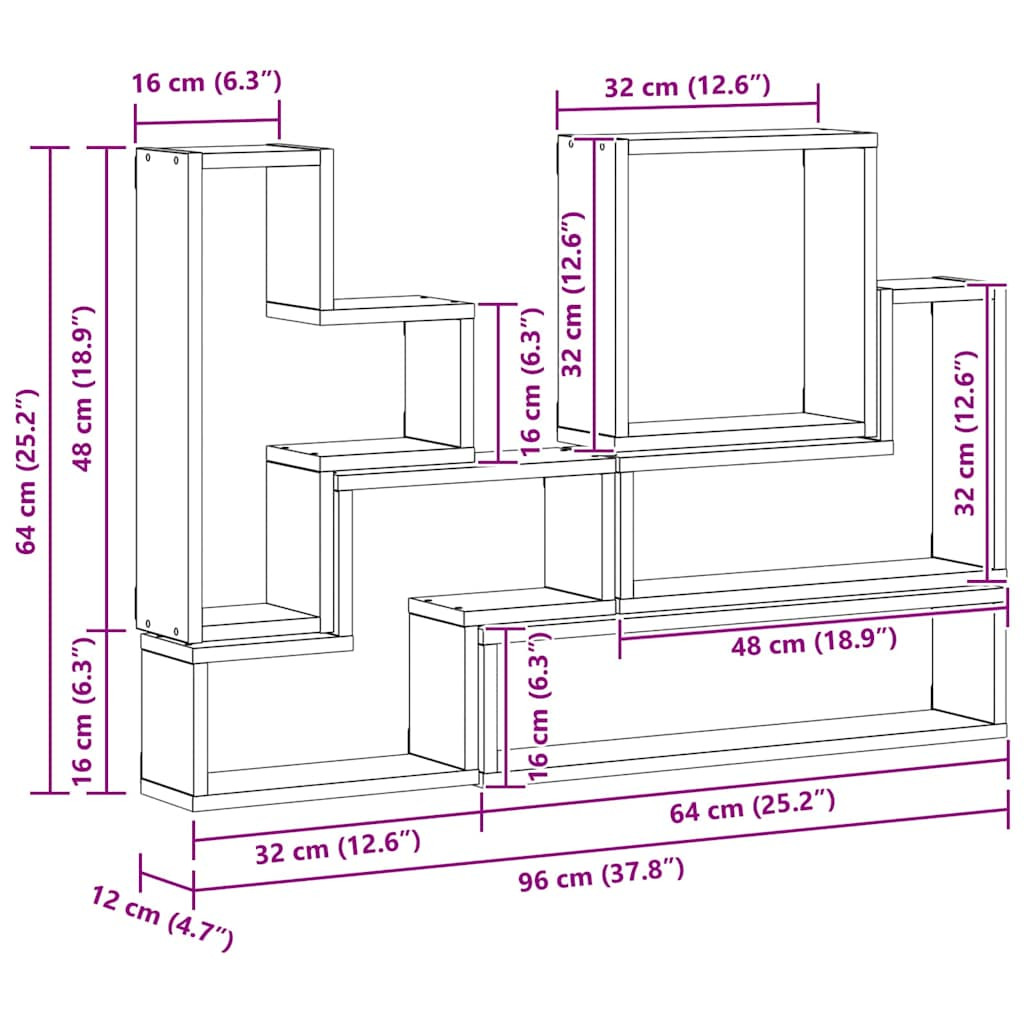 Fal Cube polcokkal Egyéb Musta tammi 96 x 12 x 64 cm Faanyag